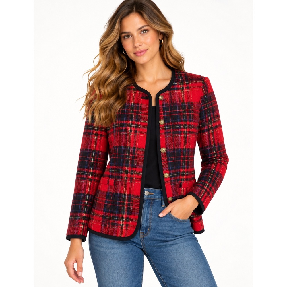 Liz Claiborne Petite Red Tartan Plaid Wool Blend Blazer Gold Crest Buttons 6P